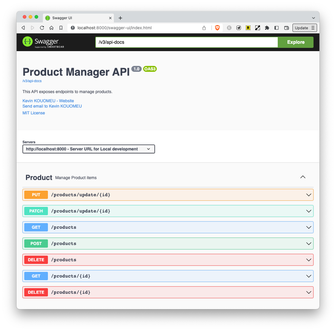 The home page with the information we set in the Swagger configuration.